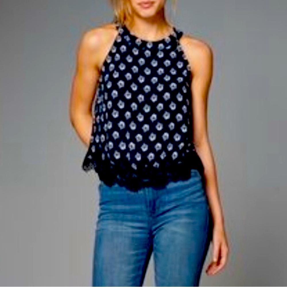 Abercrombie & Fitch Navy Blue Floral Lace Trim Top Sz S